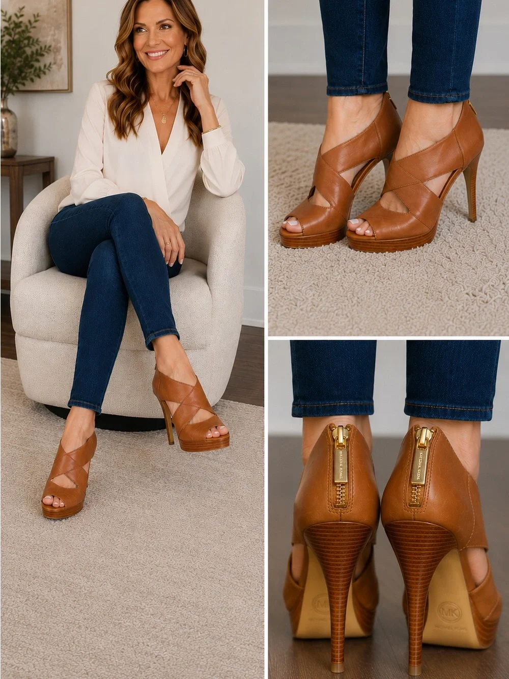 Michael Kors Cognac Peekaboo Toe Platform Stilettos with Zipper Back - 9.5M